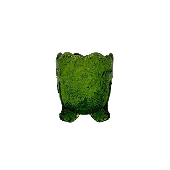 Vintage Green Glass Toothpick Holder 3 Footed Scalloped Edge Strawberry Cottage - Picture 2 of 9